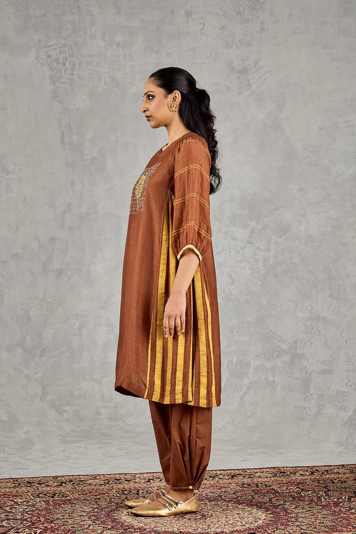 Brown Tree Embroidery Kurta Set