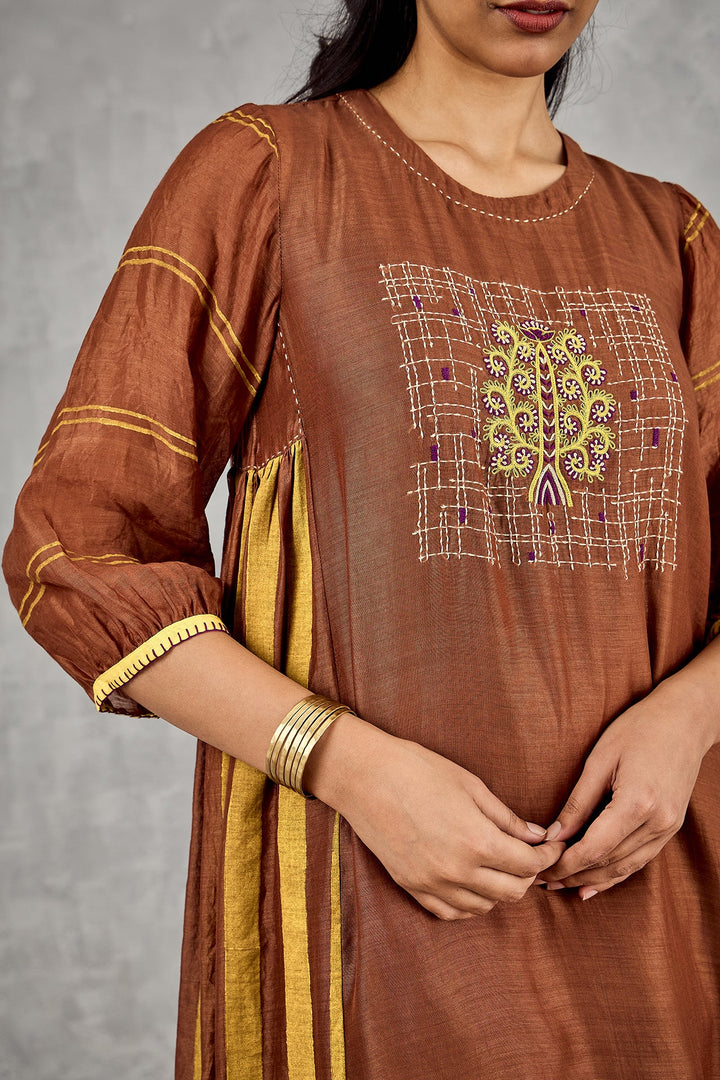 Brown Tree Embroidery Kurta Set