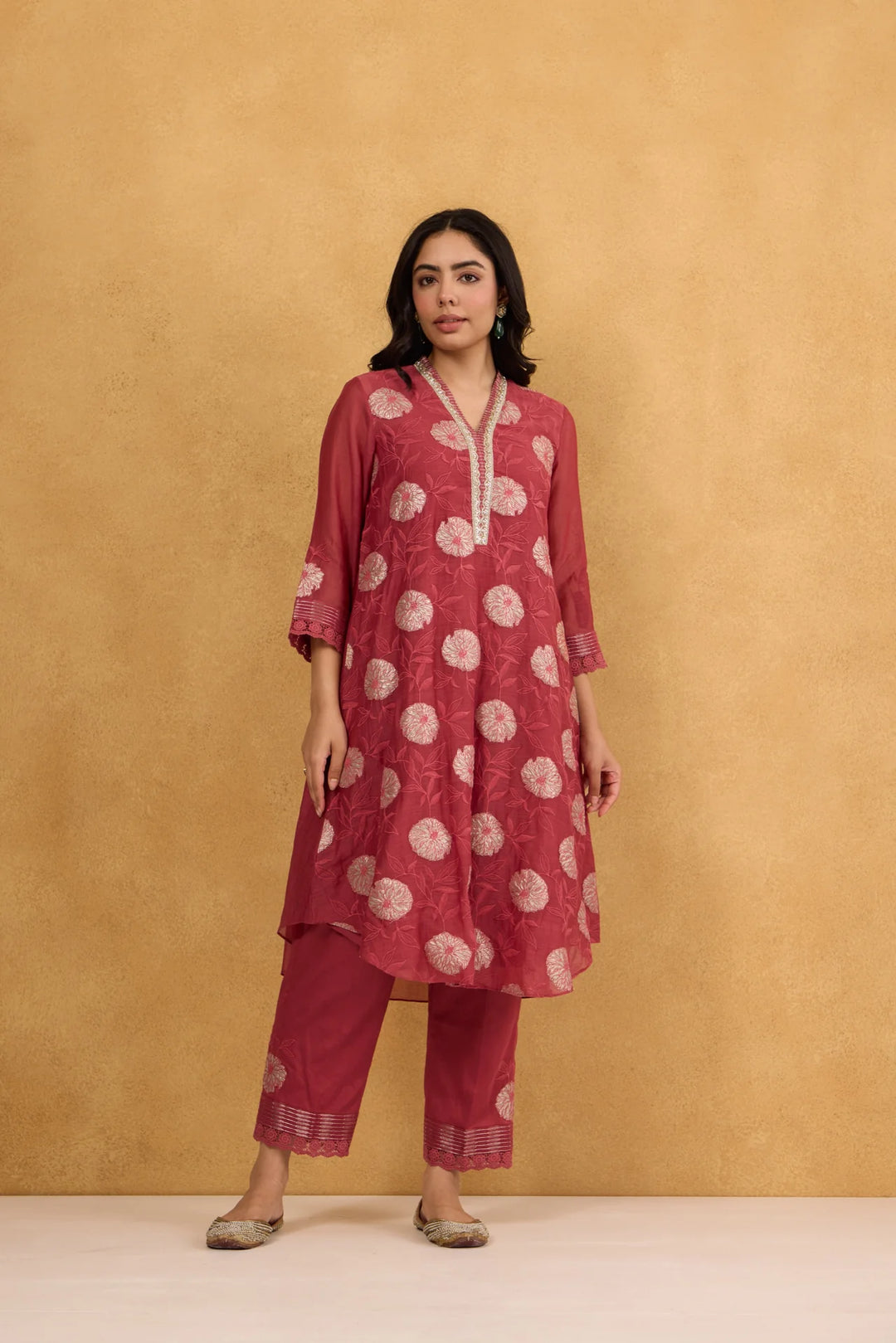 Brick Red Tissue Patch Floral Embroidered Chanderi Kurta Set