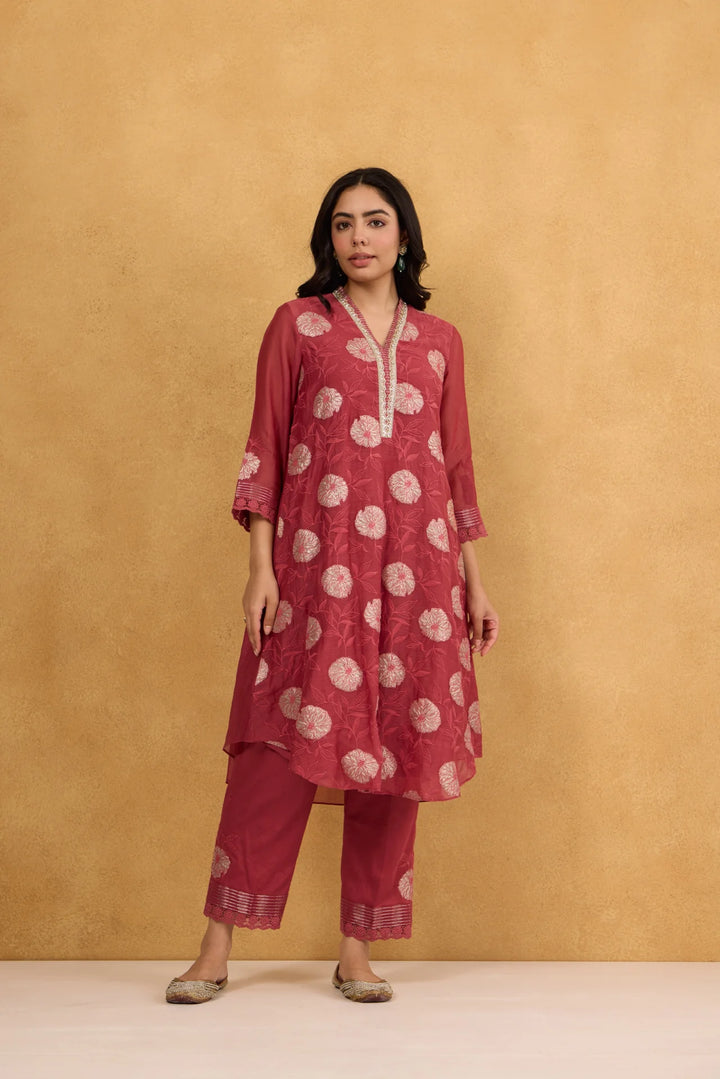 Brick Red Tissue Patch Floral Embroidered Chanderi Kurta Set