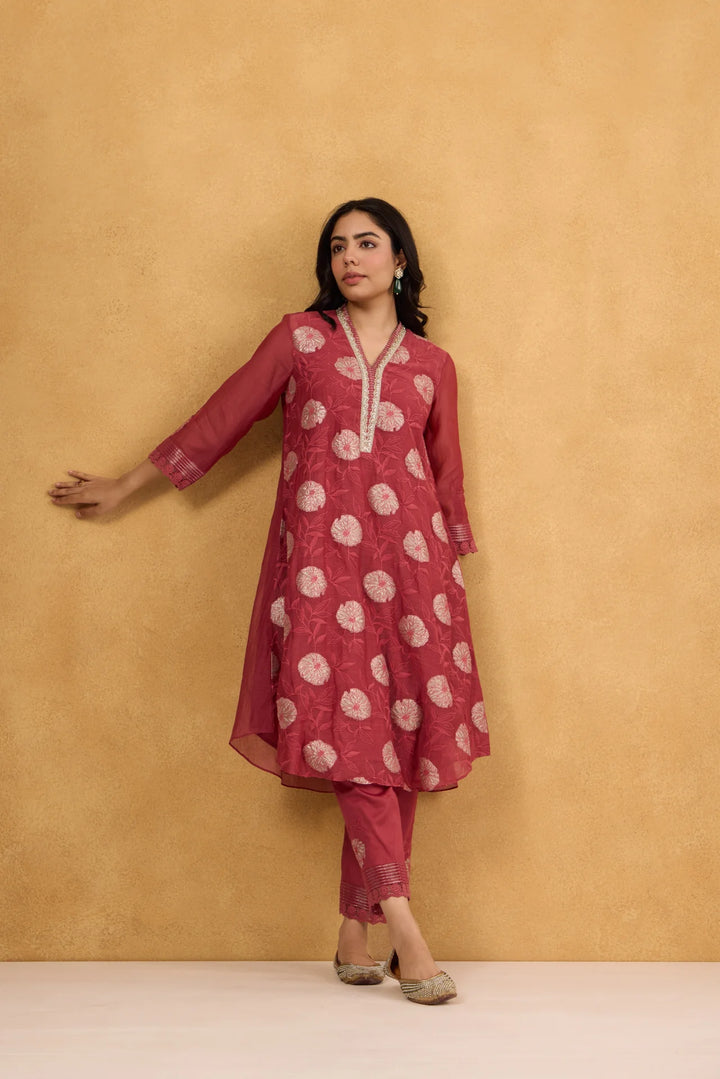 Brick Red Tissue Patch Floral Embroidered Chanderi Kurta Set