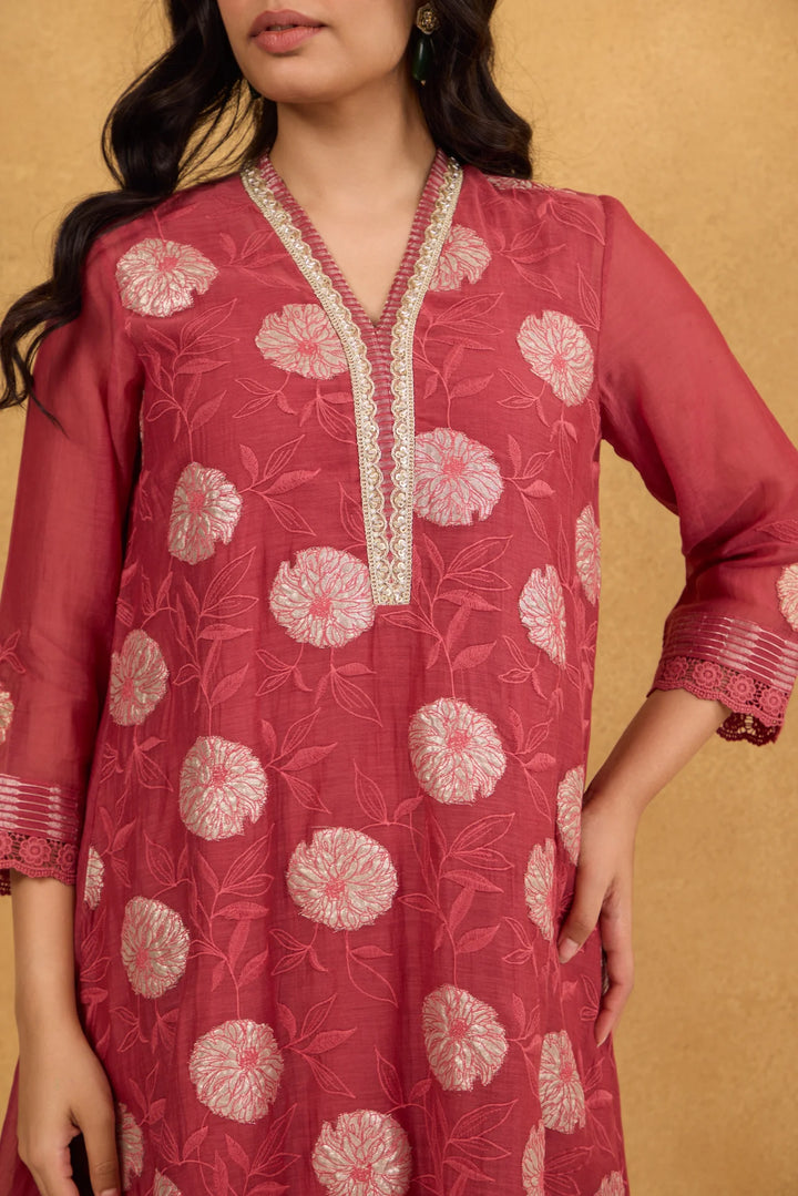 Brick Red Tissue Patch Floral Embroidered Chanderi Kurta Set