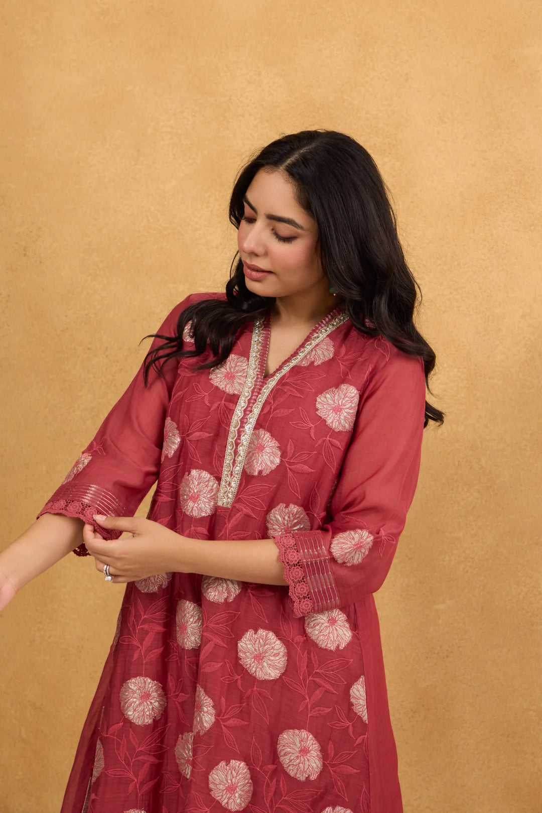 Brick Red Tissue Patch Floral Embroidered Chanderi Kurta Set