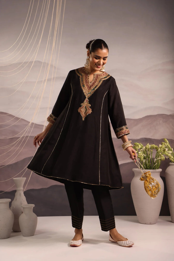 Black Silk Choga Kurta Set with Hand-Embroidered Yoke & Lilac Dupatta