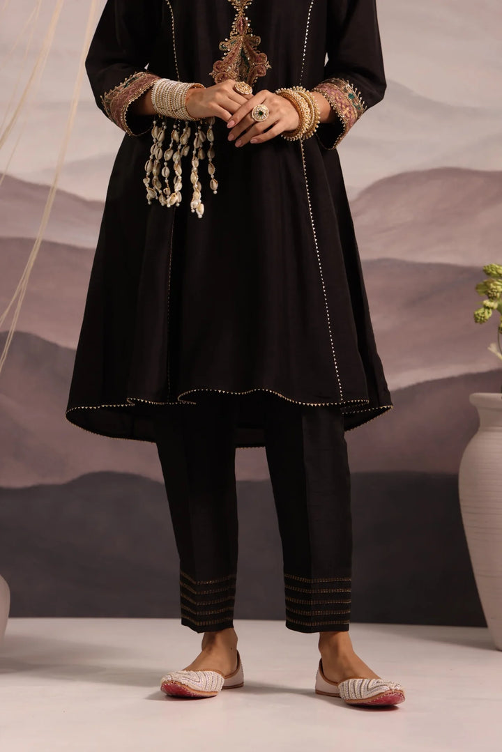 Black Silk Choga Kurta Set with Hand-Embroidered Yoke & Lilac Dupatta