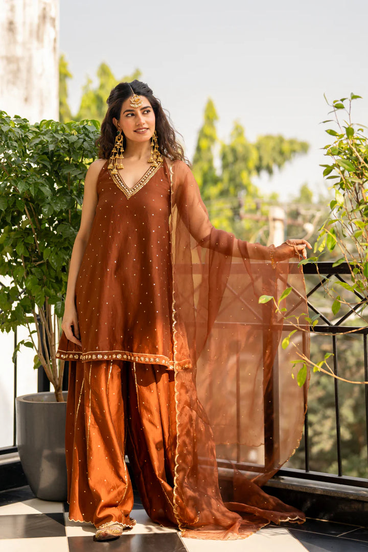 Brown Sequinns Sharara set