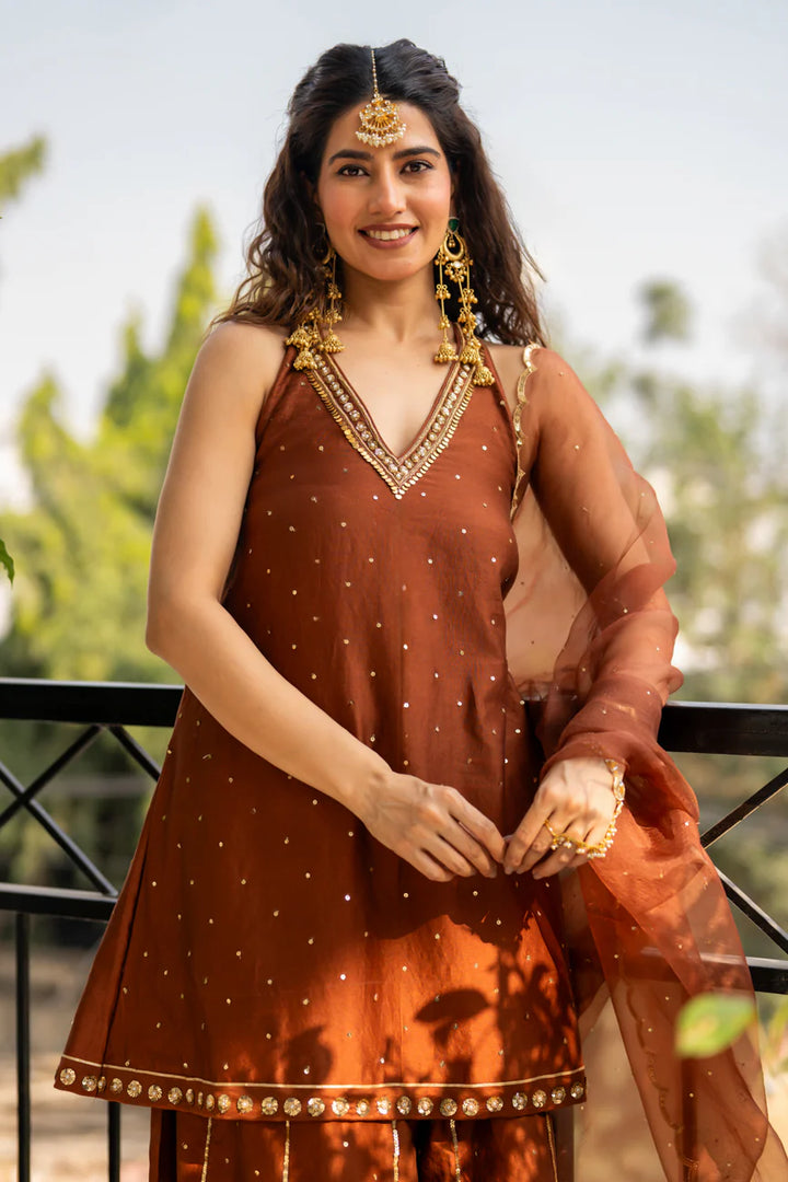 Brown Sequinns Sharara set