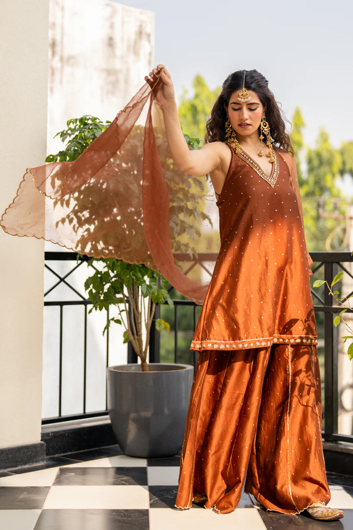 Brown Sequinns Sharara set