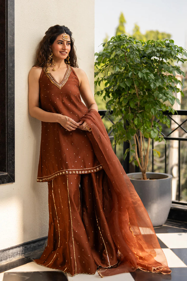 Brown Sequinns Sharara set
