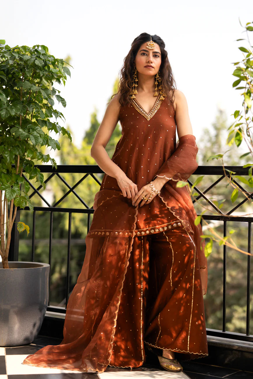 Brown Sequinns Sharara set