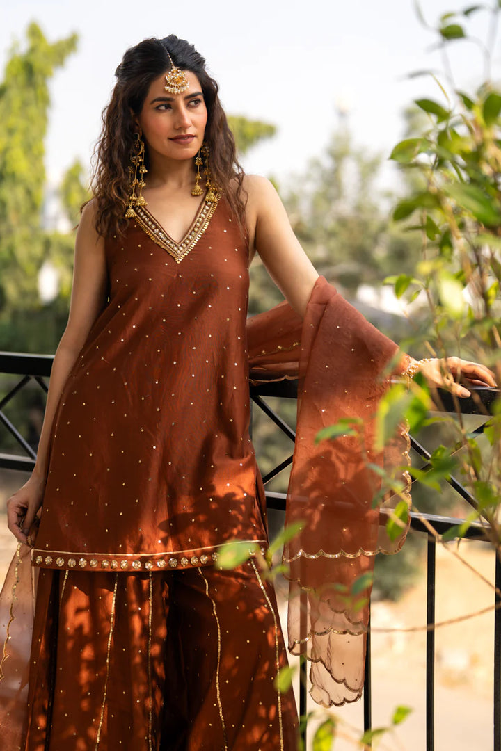 Brown Sequinns Sharara set