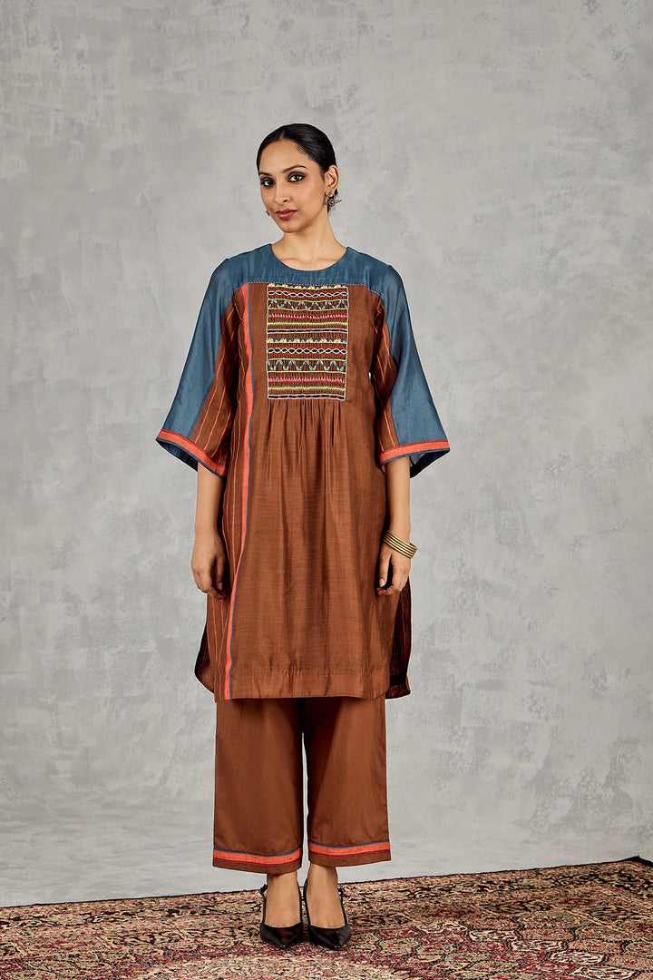 Brown/blue Colourblock Tunic Set