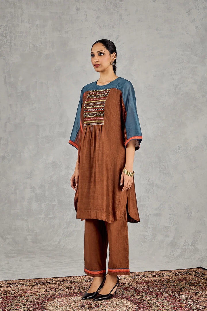Brown/blue Colourblock Tunic Set