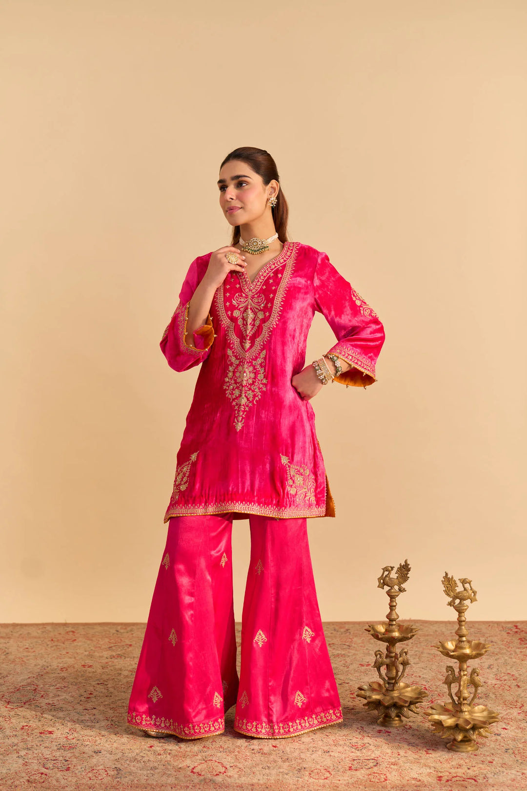 Nooren - velvet Hotpink Kurta with Flared Palazzo and Dupatta