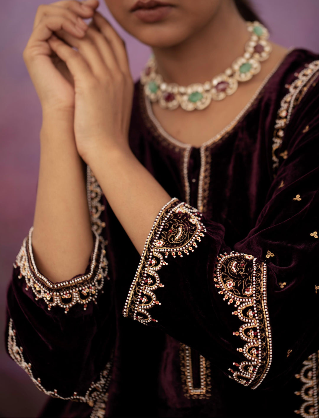 violet moti scallop hand embroidered kurta set