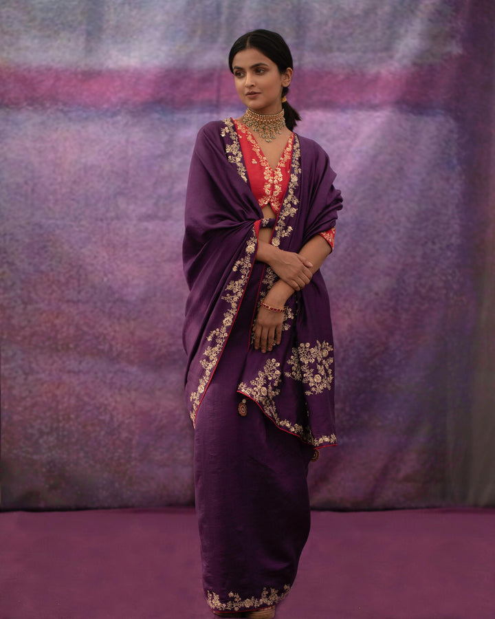 violet Jaal hand embroidered saree with red blouse