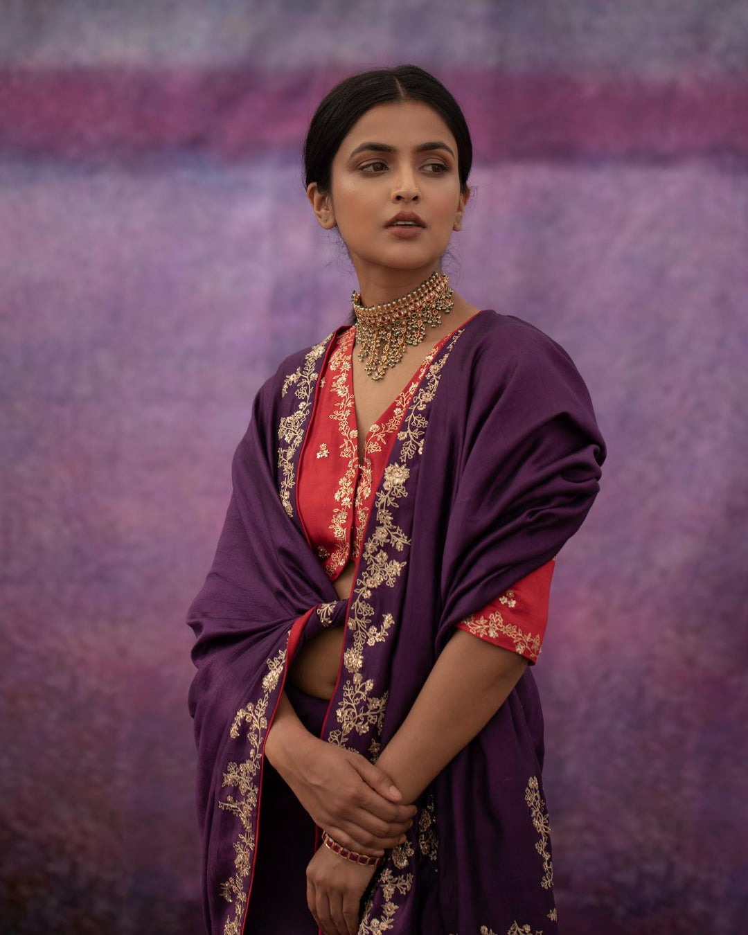 violet Jaal hand embroidered saree with red blouse