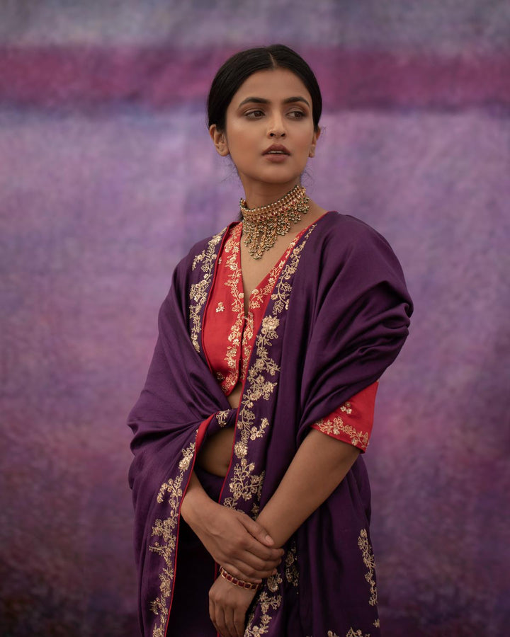 violet Jaal hand embroidered saree with red blouse