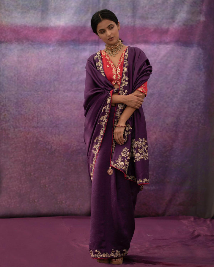 violet Jaal hand embroidered saree with red blouse