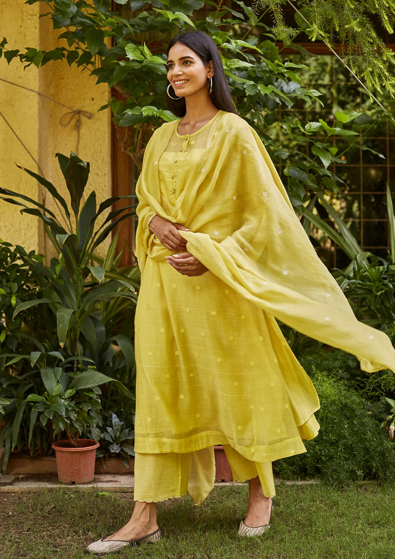 Canary Yellow Woven Dots Kurta Set