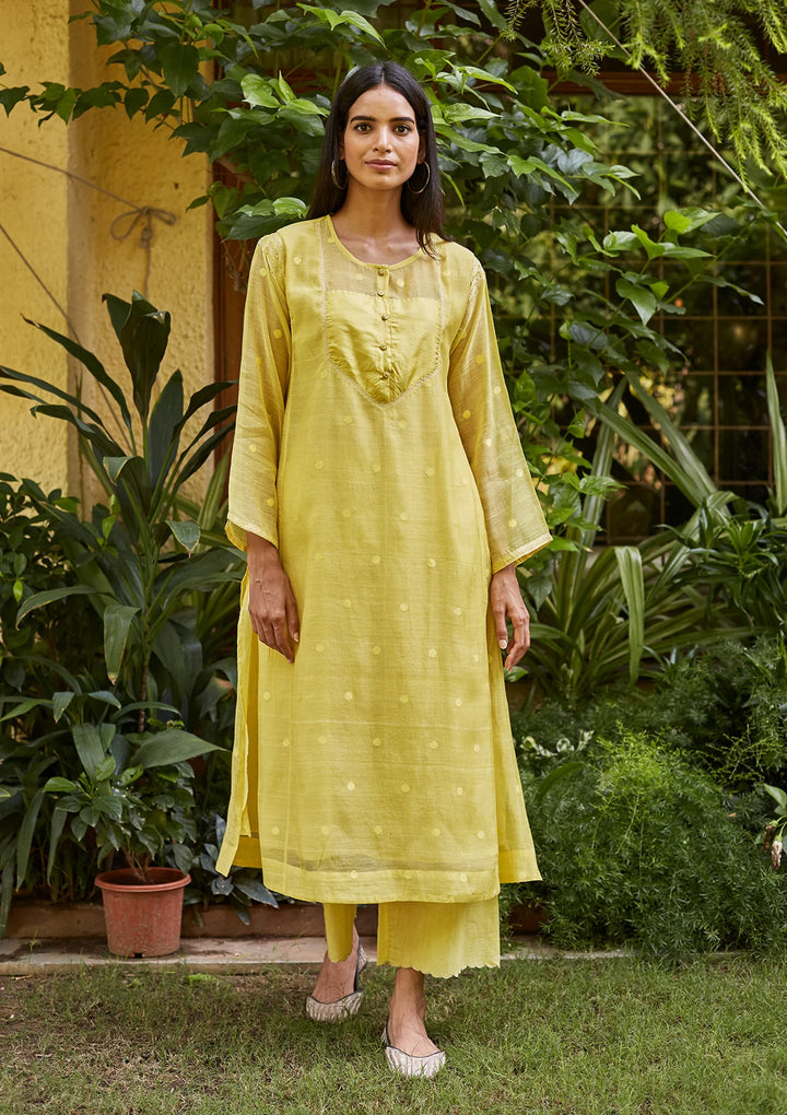 Canary Yellow Woven Dots Kurta Set