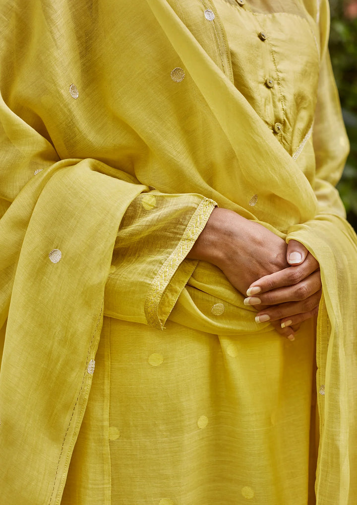 Canary Yellow Woven Dots Kurta Set