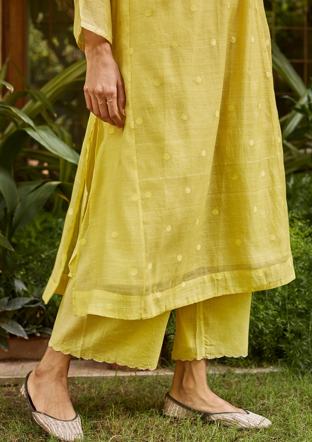 Canary Yellow Woven Dots Kurta Set