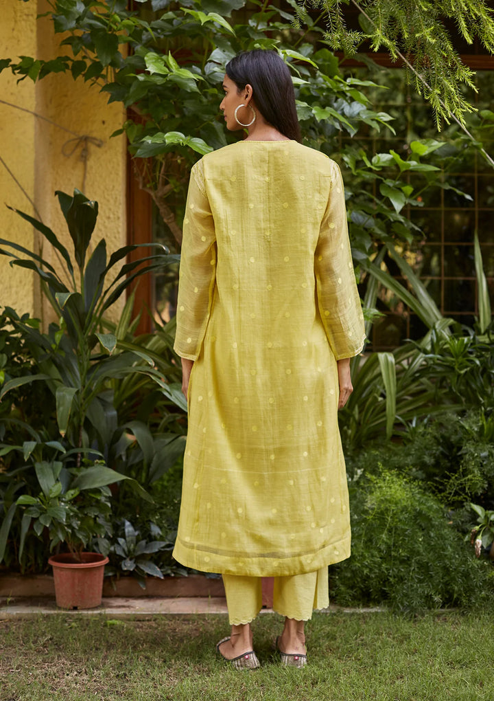 Canary Yellow Woven Dots Kurta Set