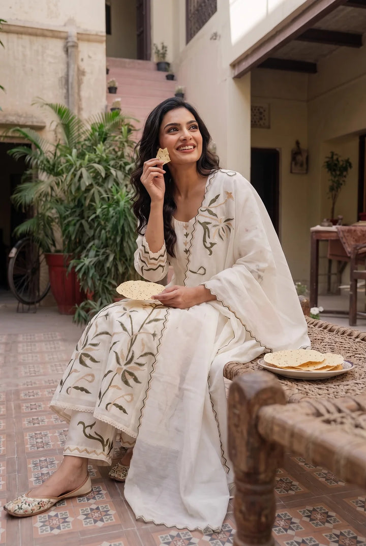 Surkhi Mul Chanderi Anarkali Set in Pearl White