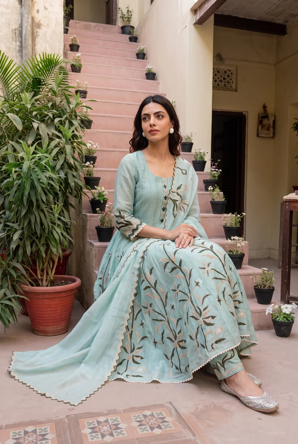 Surkhi Mul Chanderi Anarkali Set in Blue Green