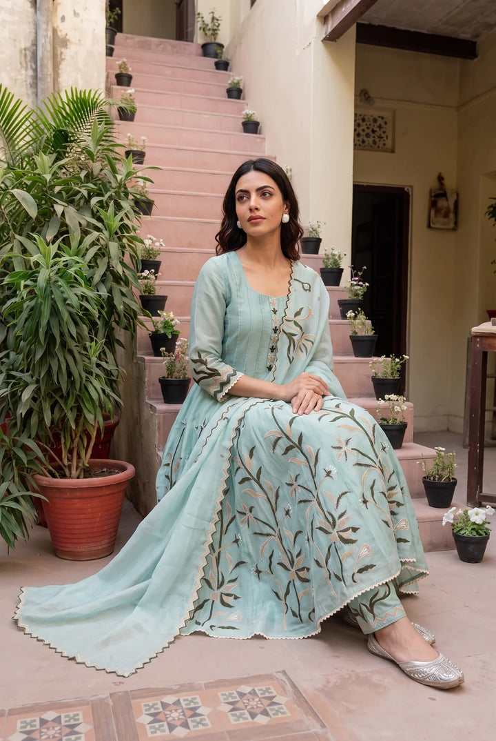 Surkhi Mul Chanderi Anarkali Set in Blue Green