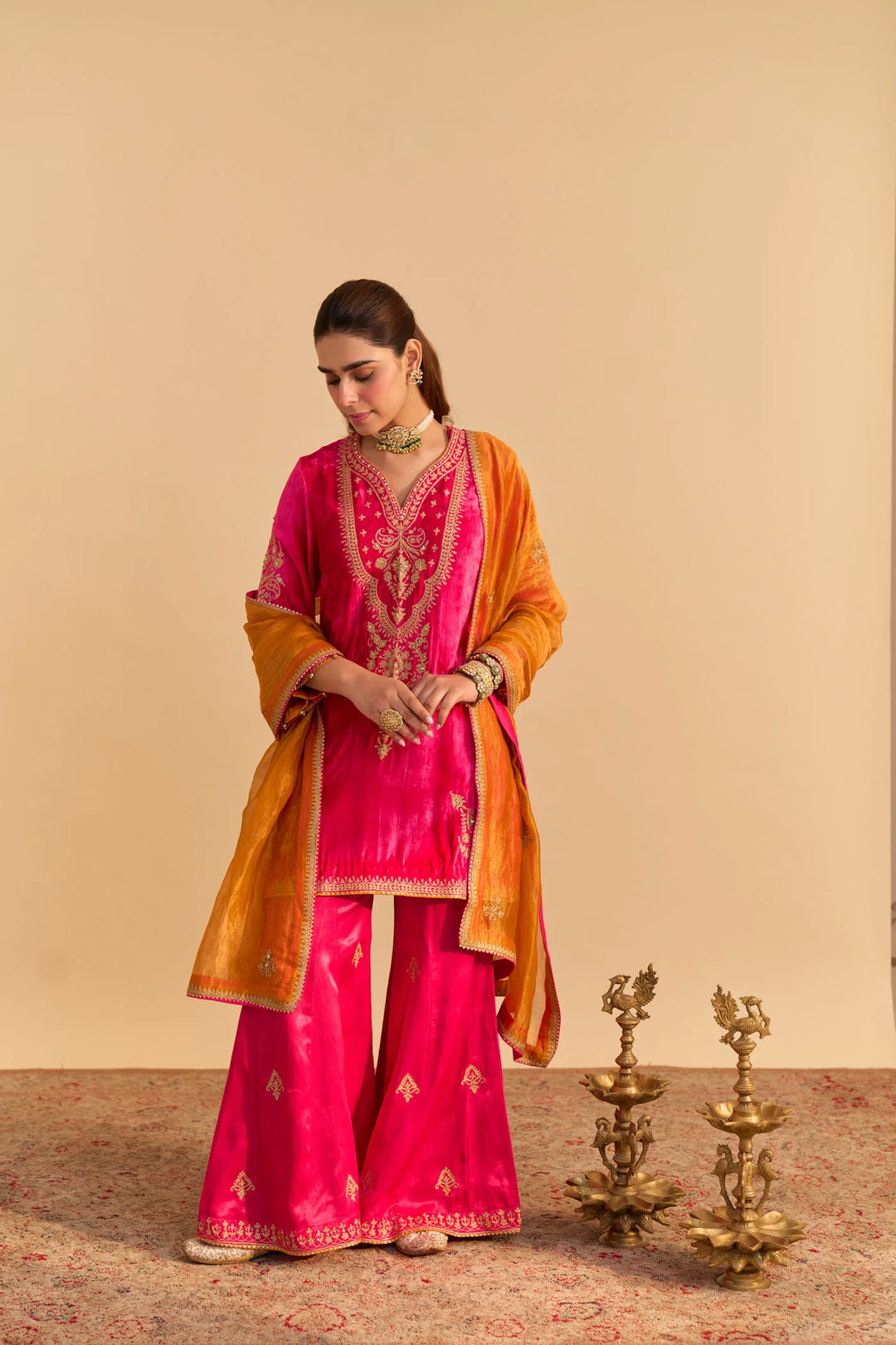 Nooren - velvet Hotpink Kurta with Flared Palazzo and Dupatta