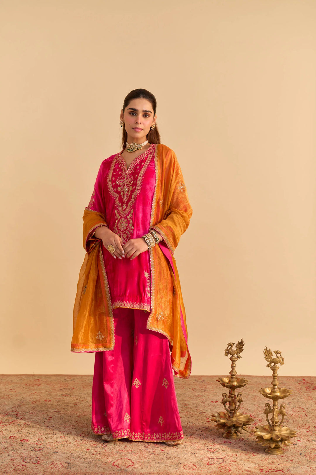 Nooren - velvet Hotpink Kurta with Flared Palazzo and Dupatta