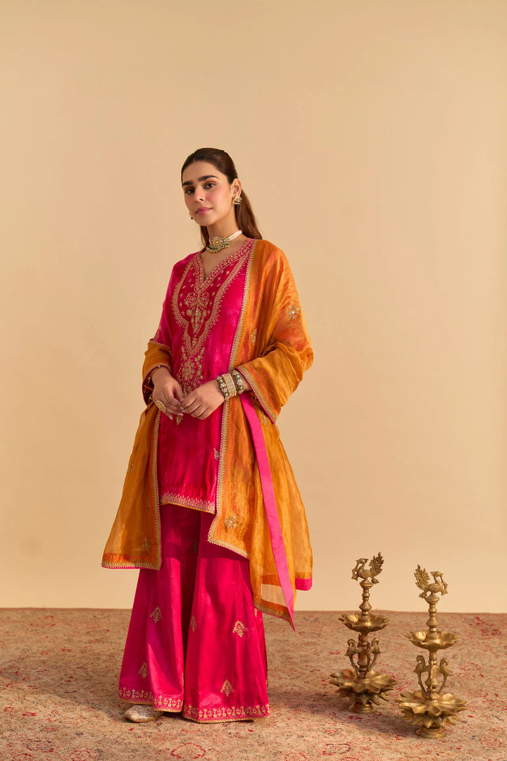 Nooren - velvet Hotpink Kurta with Flared Palazzo and Dupatta