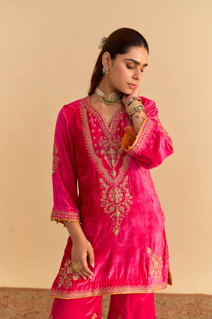 Nooren - velvet Hotpink Kurta with Flared Palazzo and Dupatta