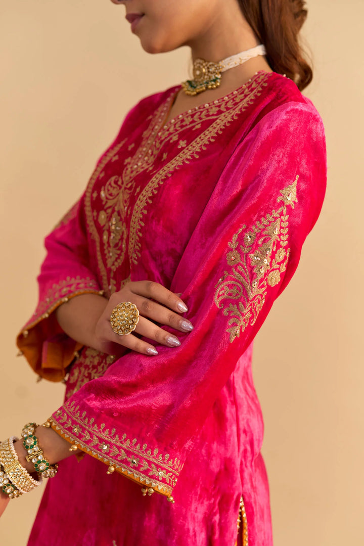 Nooren - velvet Hotpink Kurta with Flared Palazzo and Dupatta