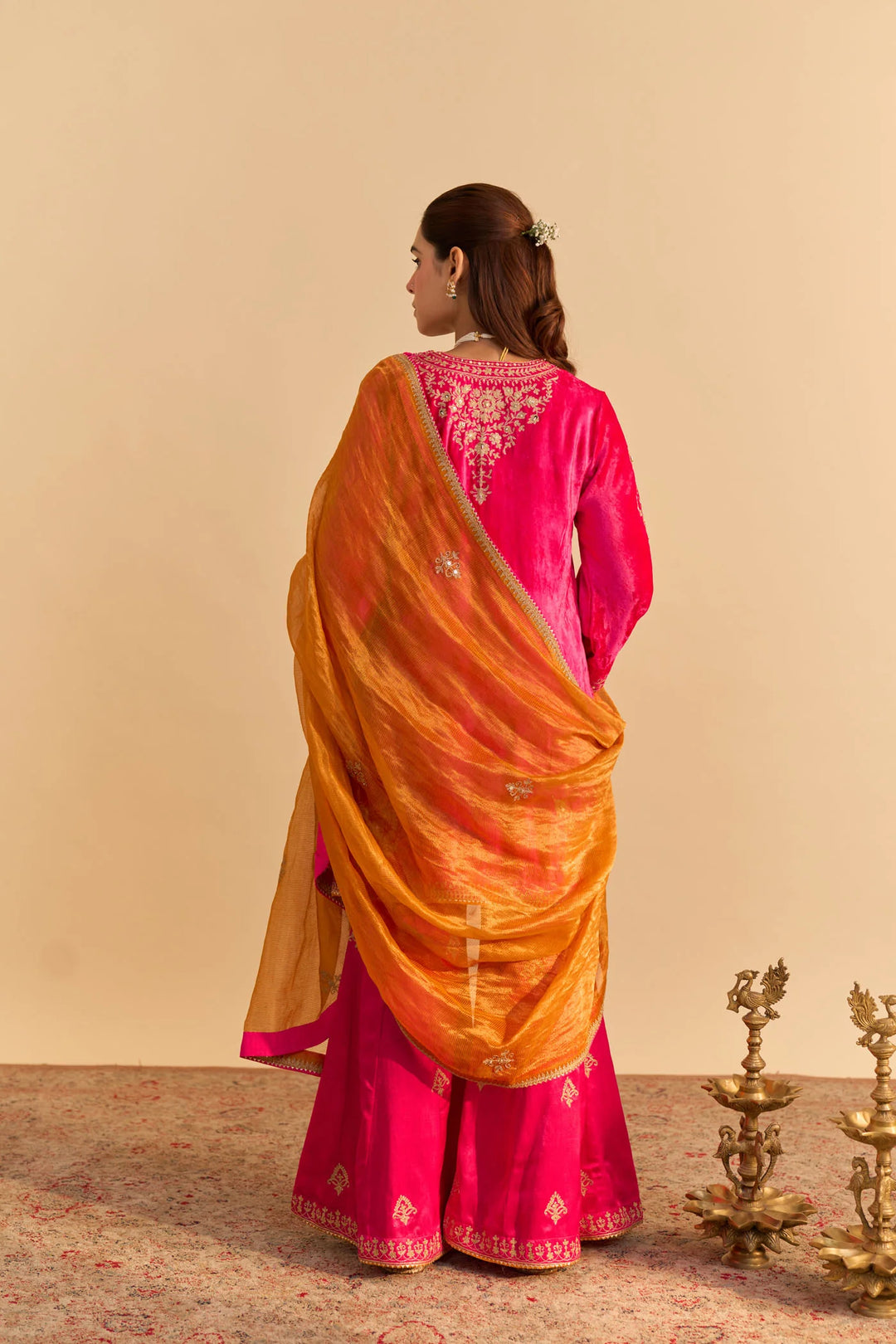 Nooren - velvet Hotpink Kurta with Flared Palazzo and Dupatta