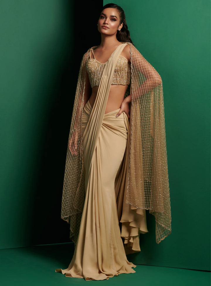 Champagne Gold Embellished Corset with Drape Saree and Embellished Cape