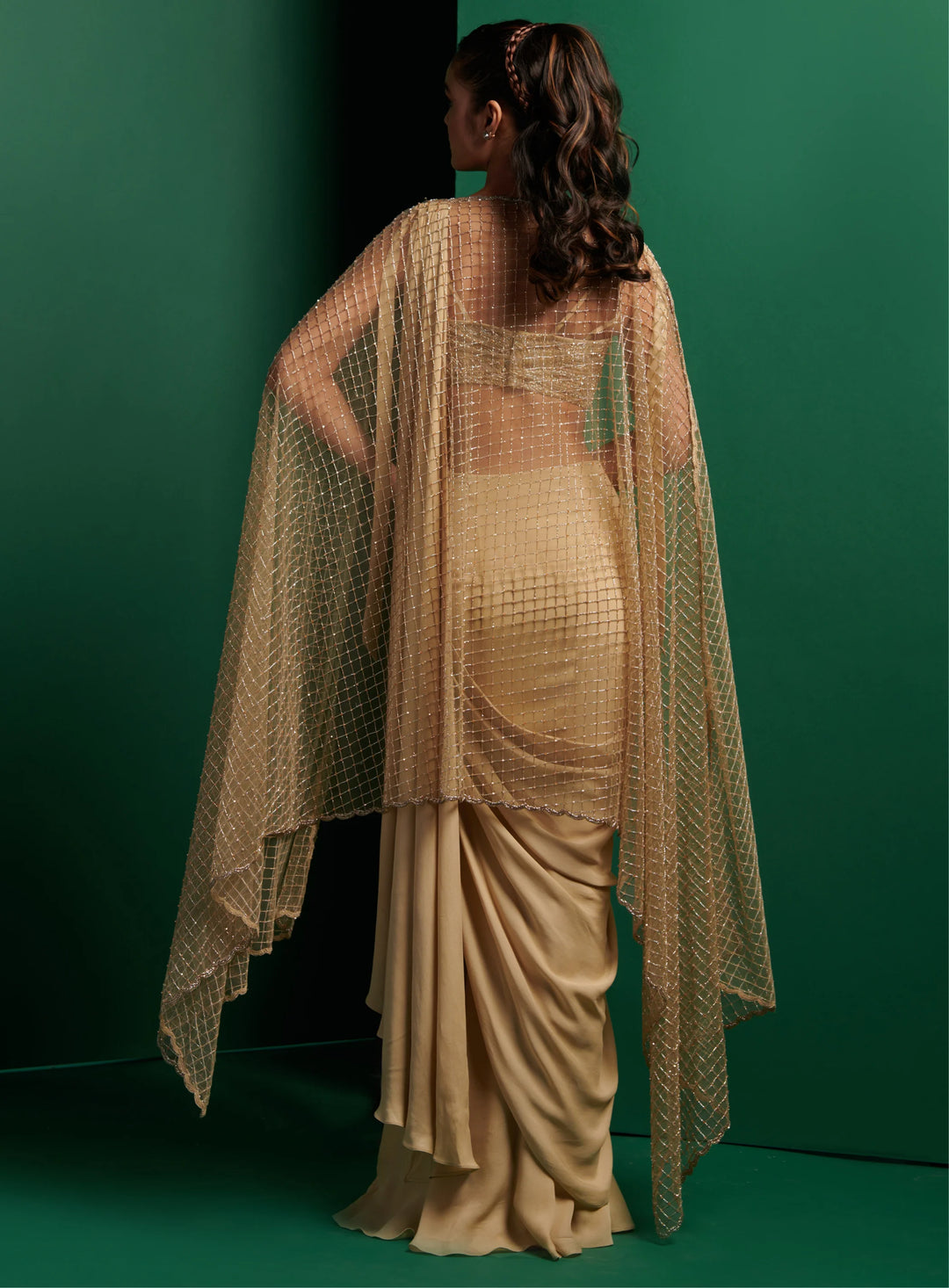 Champagne Gold Embellished Corset with Drape Saree and Embellished Cape