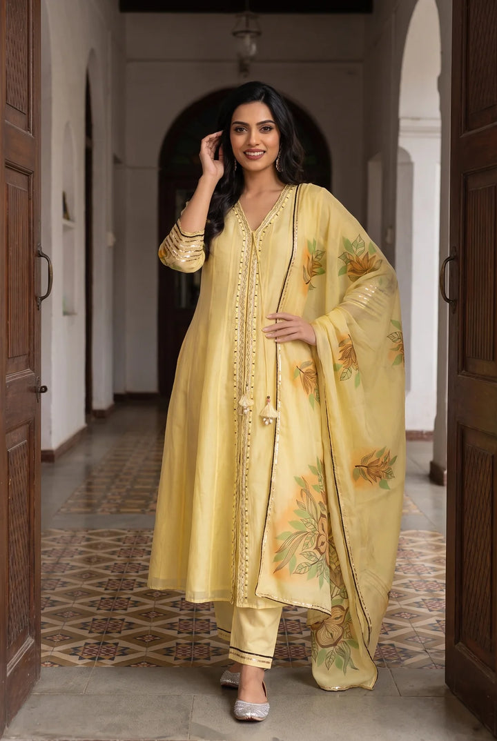 Zoa Mul Chanderi Anarkali Set in Cool Yellow