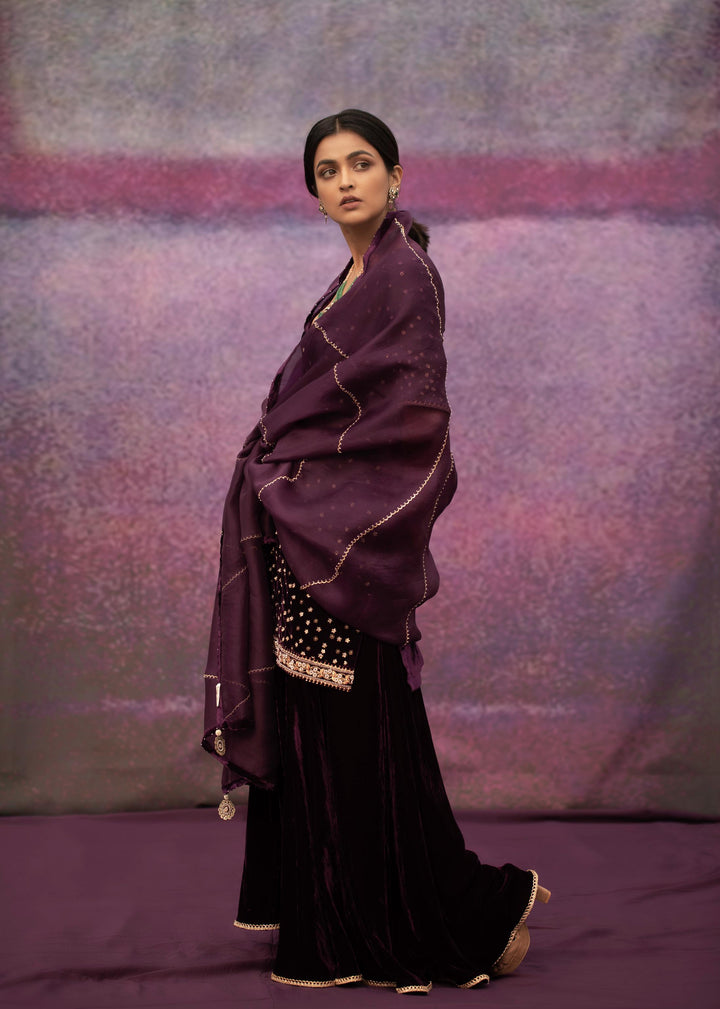 violet hand embroidered short kurta with salwar
