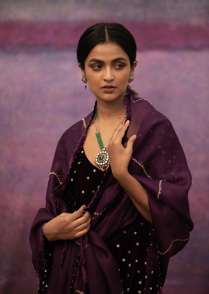 violet hand embroidered short kurta with salwar