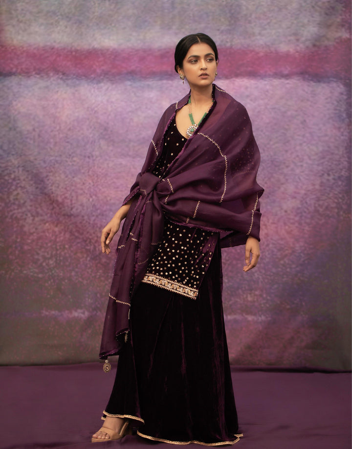 violet hand embroidered short kurta with salwar