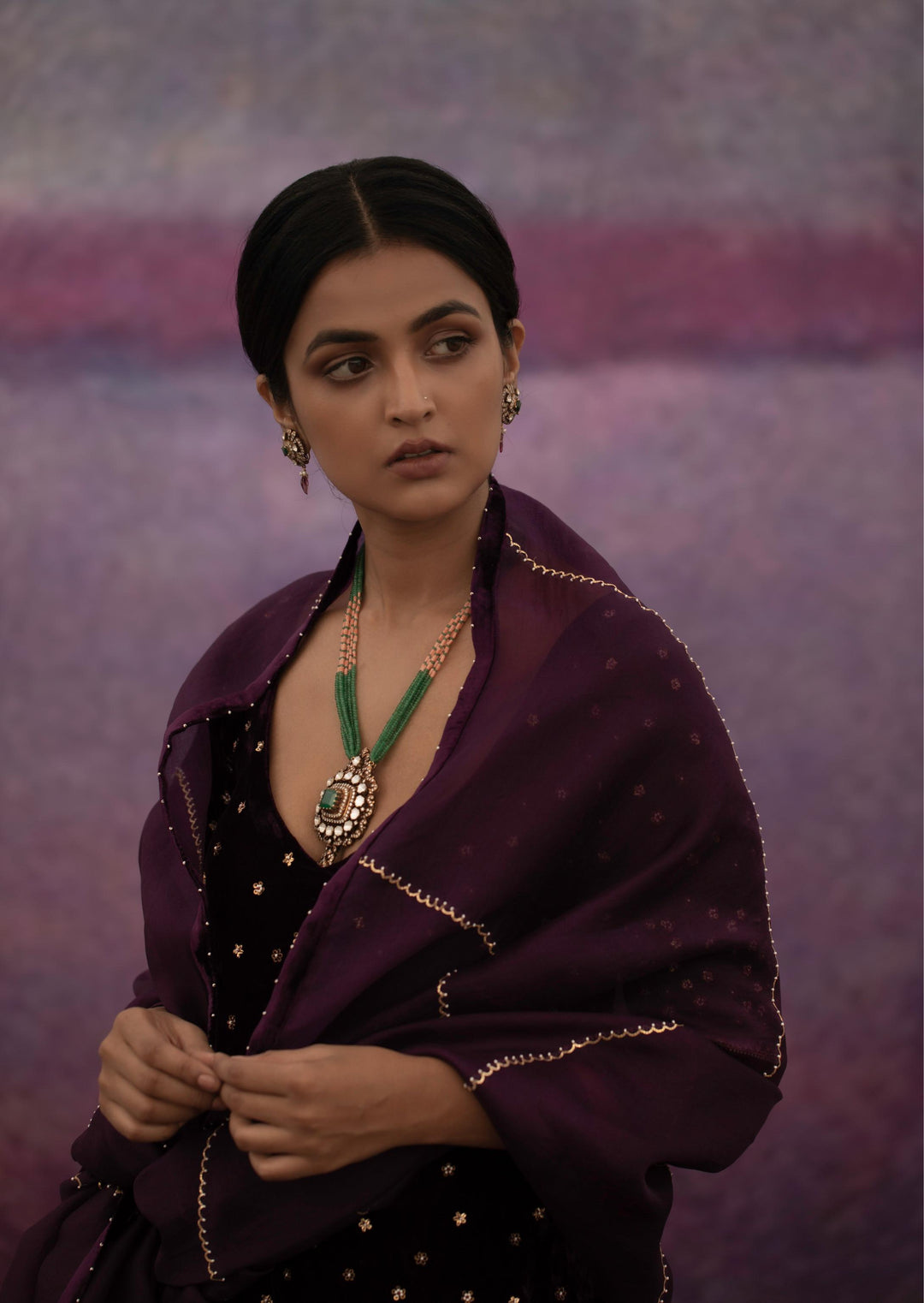 violet hand embroidered short kurta with salwar