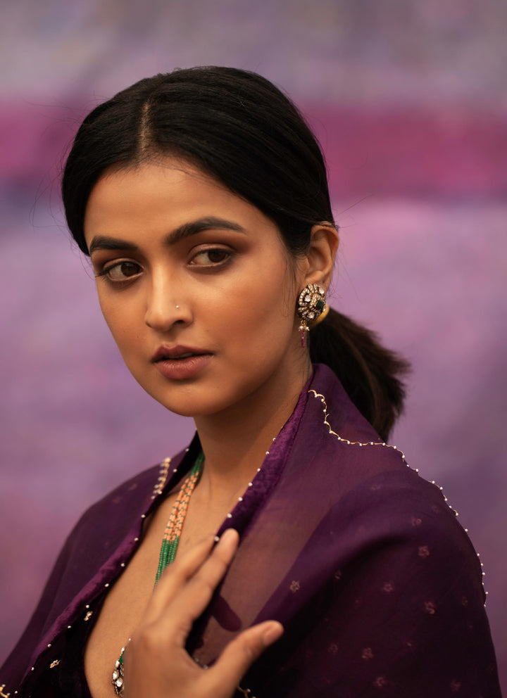 violet hand embroidered short kurta with salwar