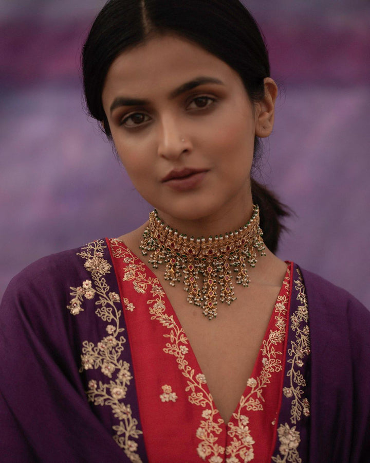 violet Jaal hand embroidered saree with red blouse