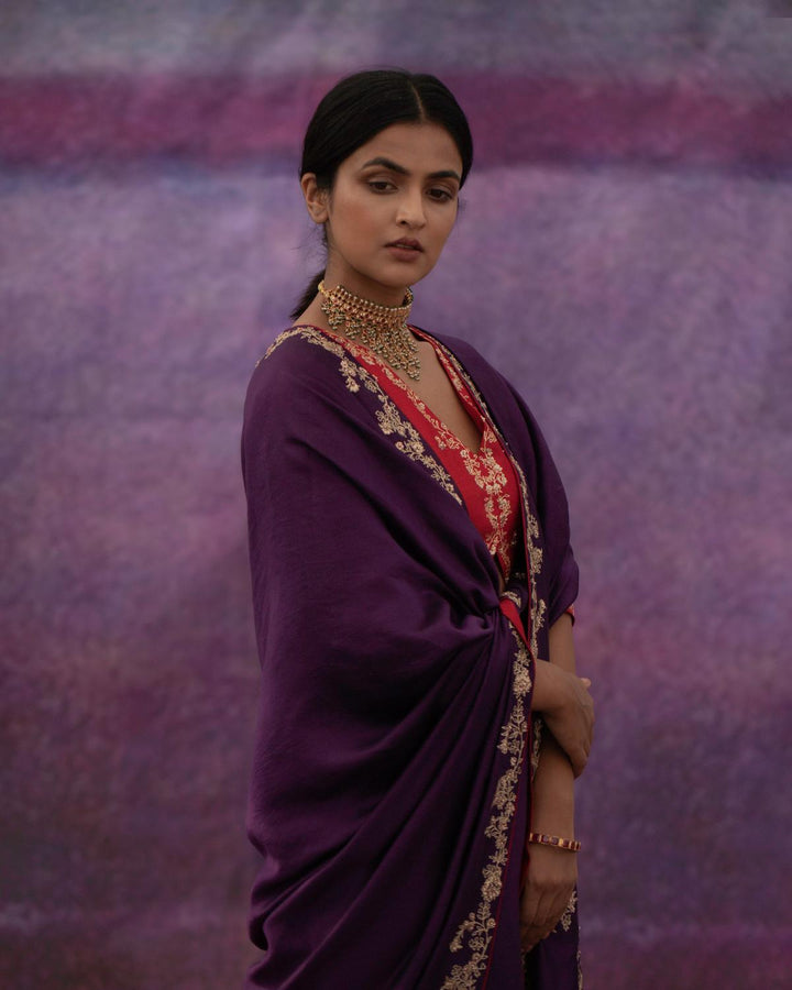 violet Jaal hand embroidered saree with red blouse