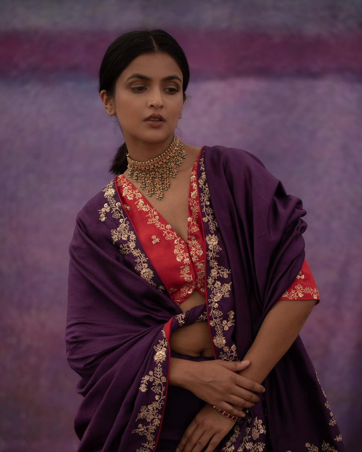 violet Jaal hand embroidered saree with red blouse