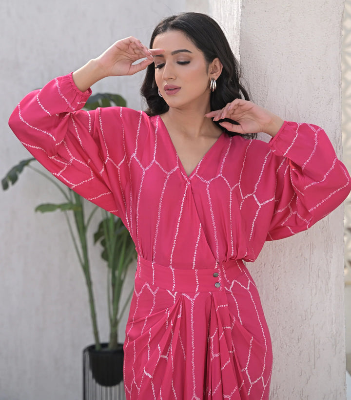 Radiant Rose Bandhani Drape Dress