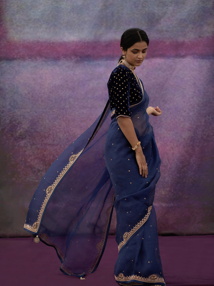 navy blue hand embroidered organza saree with blouse